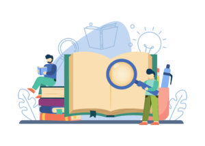 Education concept. man reading book on stack of books and explore the book to gains knowledge for success and better ideas.online books, Library,exam preparation, home schooling. vector illustration.